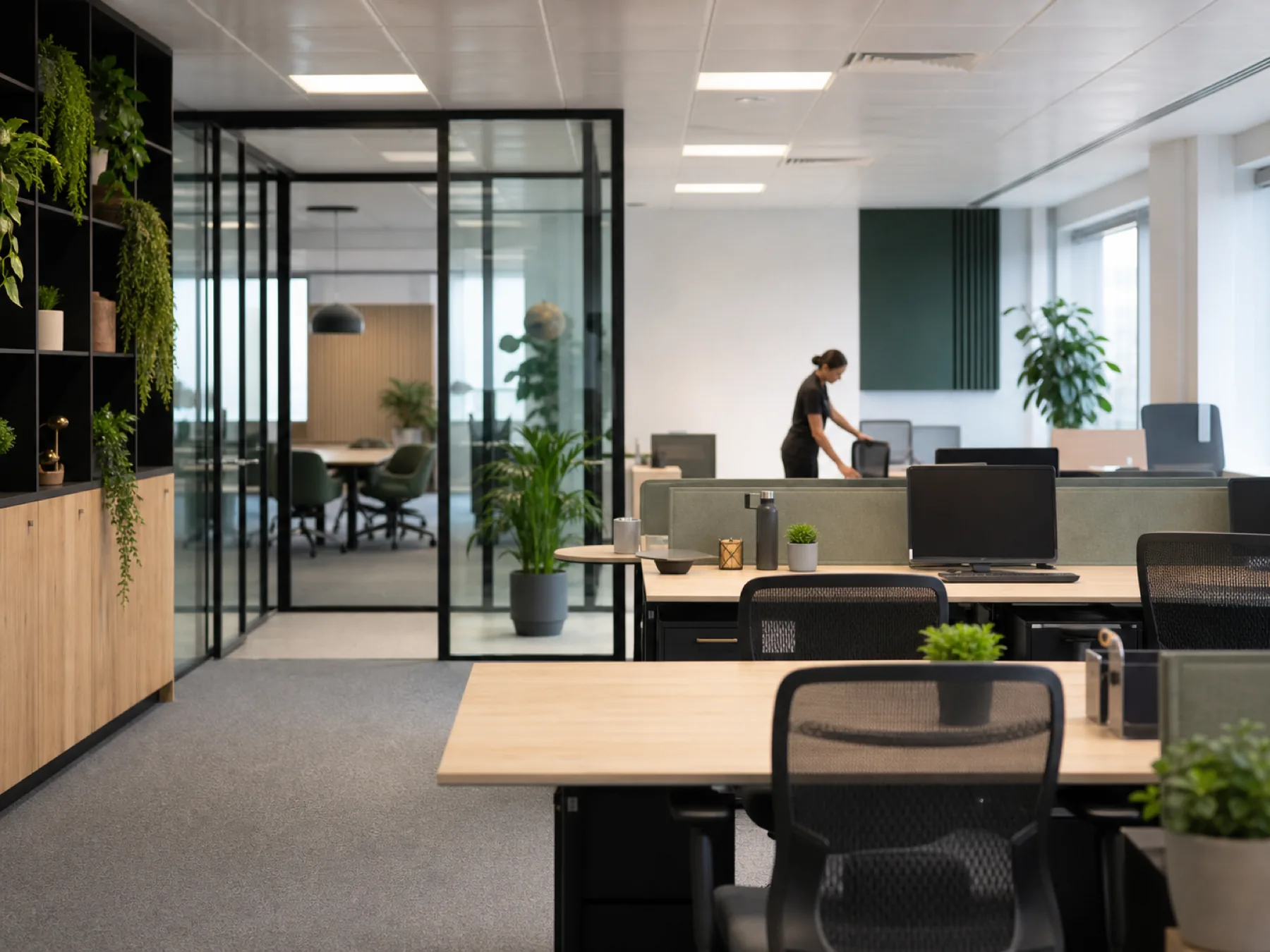 Contemporary office with a professional cleaner working in the background