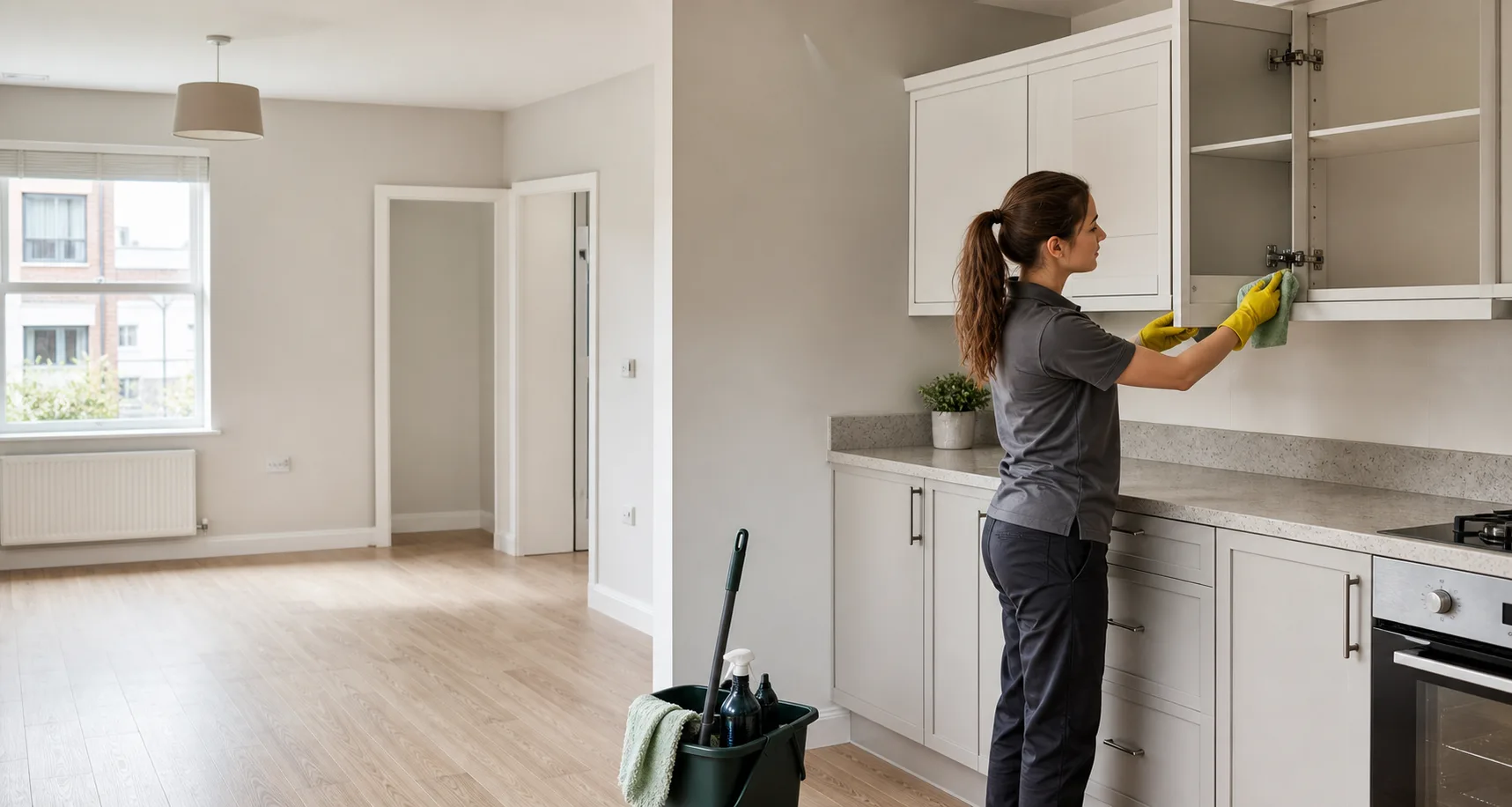 Cleaner wiping the inside of an empty kitchen cupboard in a vacant rental property